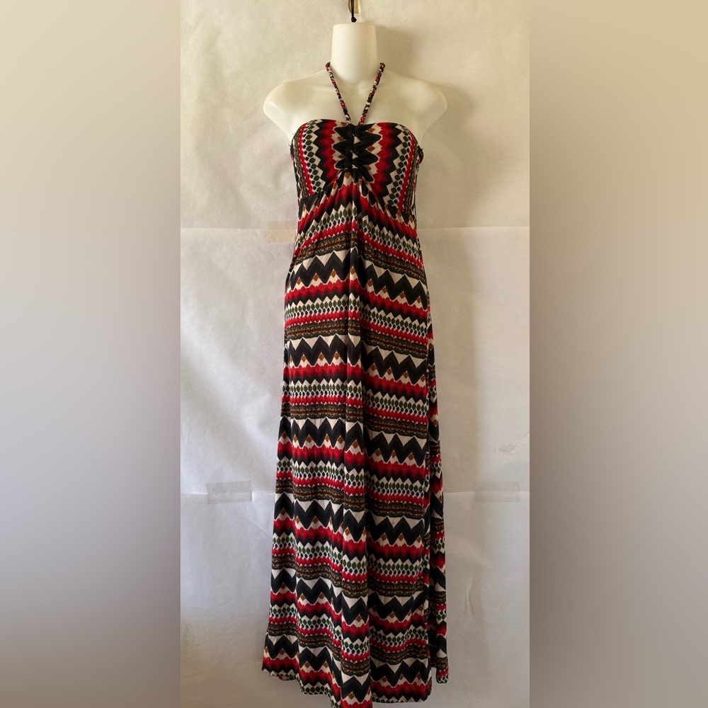Y2K Poetry Tribal Print Halter Maxi Dress Size S Strapless Boho Festival Empire